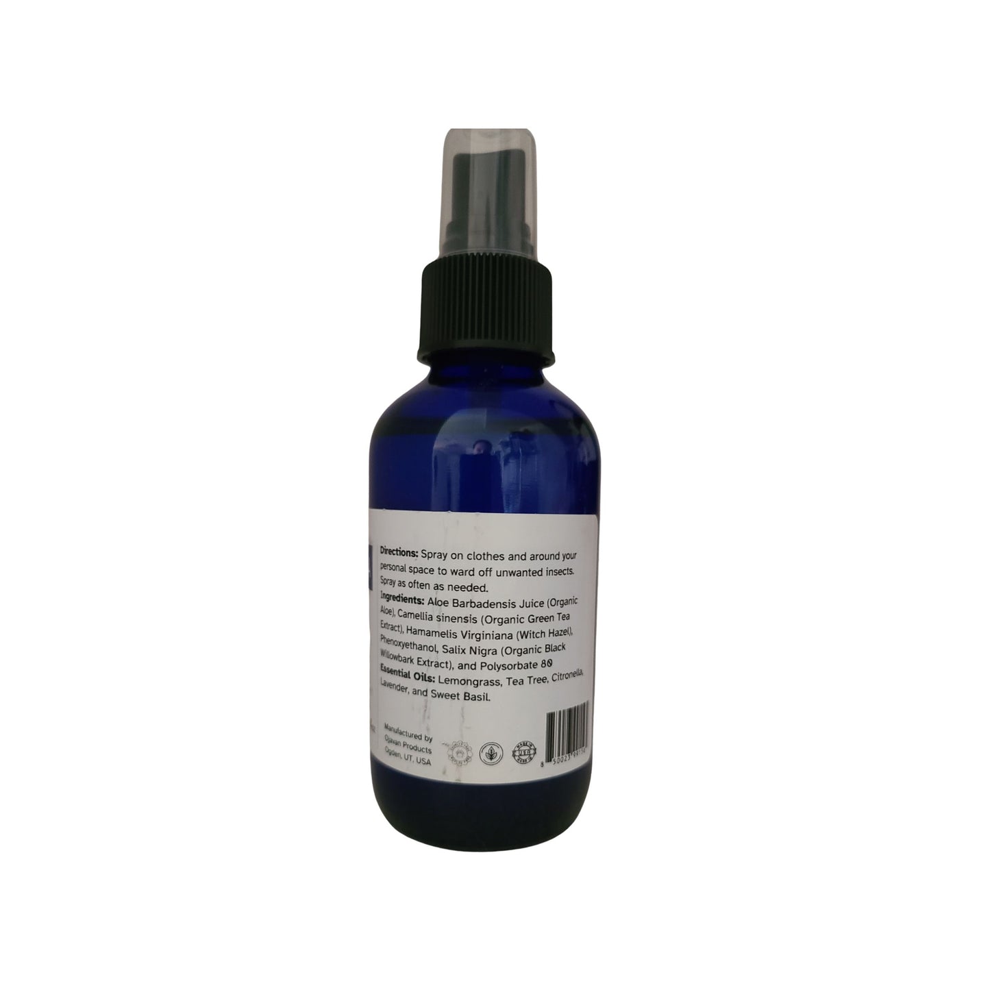 Blue spray bottle with a label on a white background