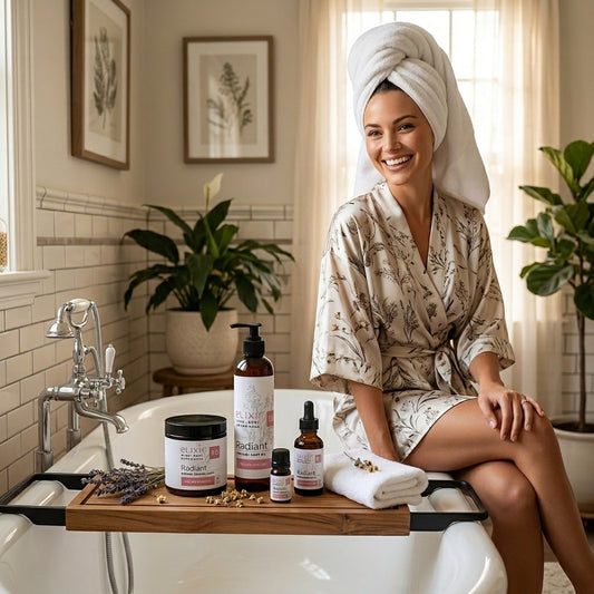 Woman in a bathrobe with a towel on her head, sitting in a bathtub with Radiant skincare products on a tray.