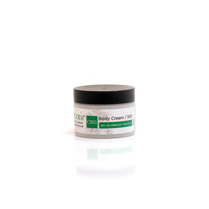 A jar of Elixir Mind Body Botanicals CBD Body Cream with a white label on a white background.