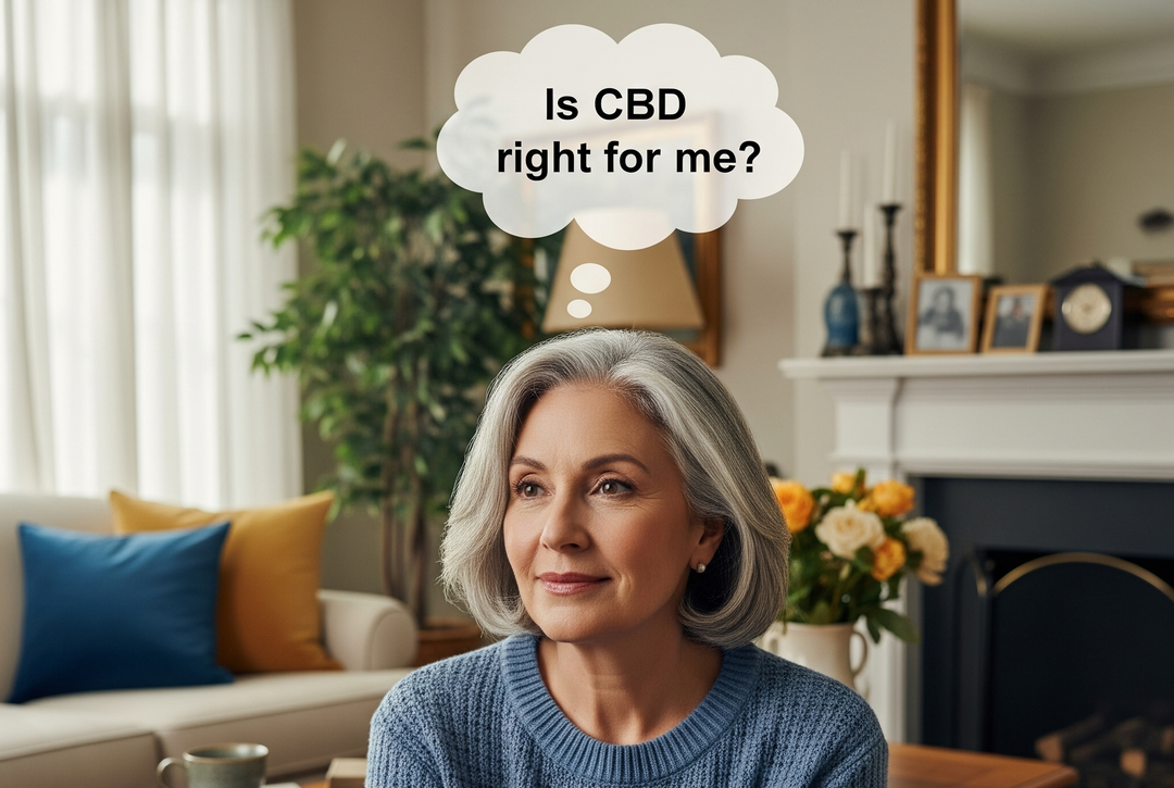 Mature woman in her living room with a thought bubble above her head asking "Is CBD right for me?"