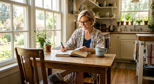 blonde woman with glasses sitting at her kitchen table in the morning with a cup of coffee writing in her journal