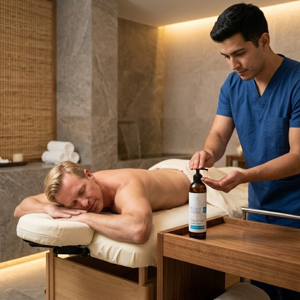 Man receiving a massage in a spa setting with a massage therapist applying oil.