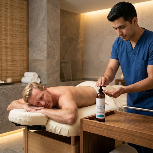 Man receiving a massage in a spa setting with a massage therapist applying oil.