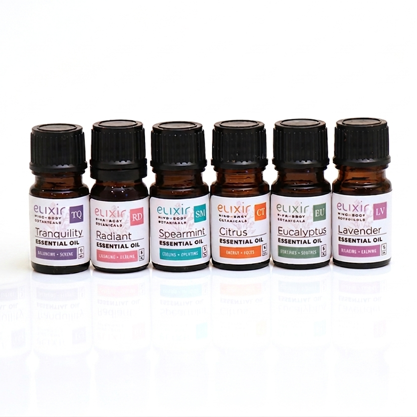 Set of six Elixir Mind body Botanicals essential oil bottles on a white background
