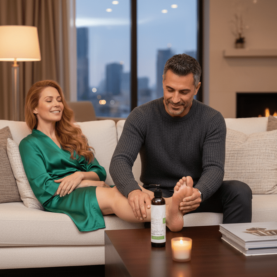 Husband giving his wife a foot massage using Elixir Mind Body Botanicals Support Massage Oil in their living room.