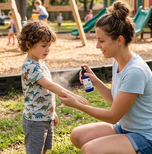A woman applying bug spray to a child's arm in a playground setting
