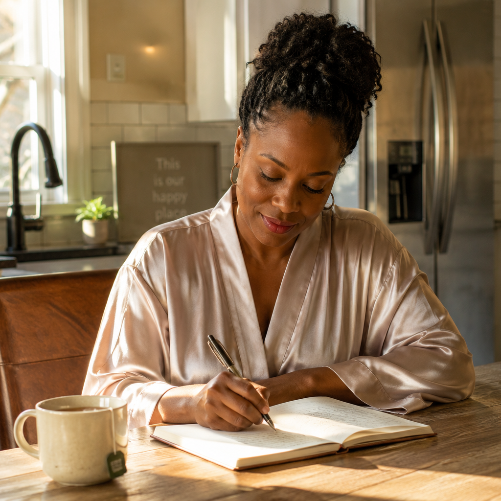 A woman sitting in her sunny kitchen at the table in her robe with a cup of tea writing in her journal