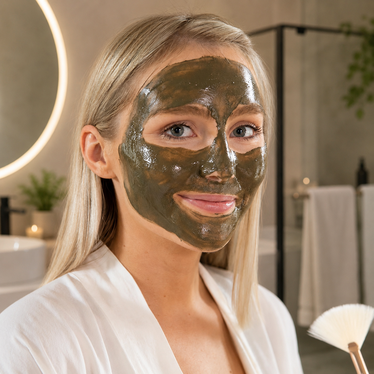 Woman applying an Elixir mud facial mask in a bathroom setting