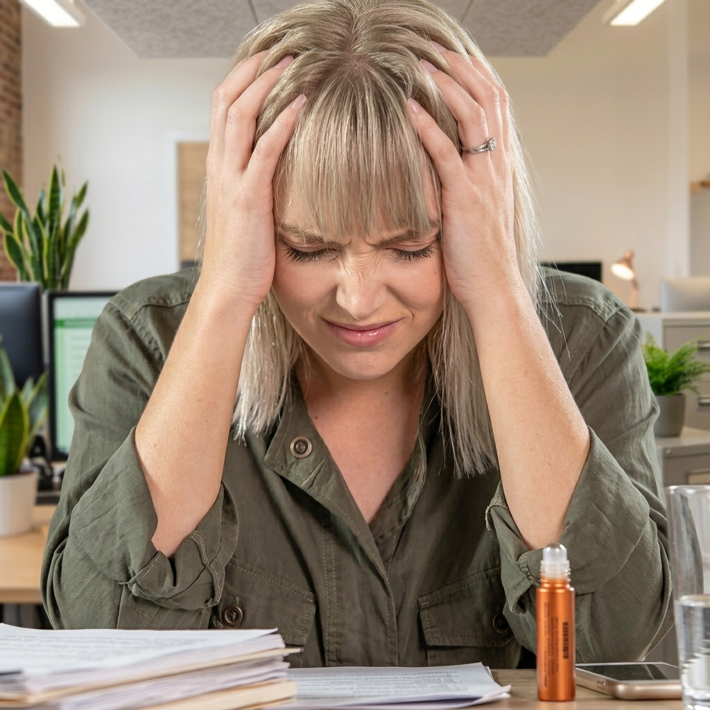 Woman with a headache sitting at a desk in an office setting