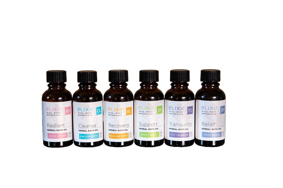 6 Elixir Mind Body Botanicals Herbal Bath Oils available at Elixir Mind Body Boutique