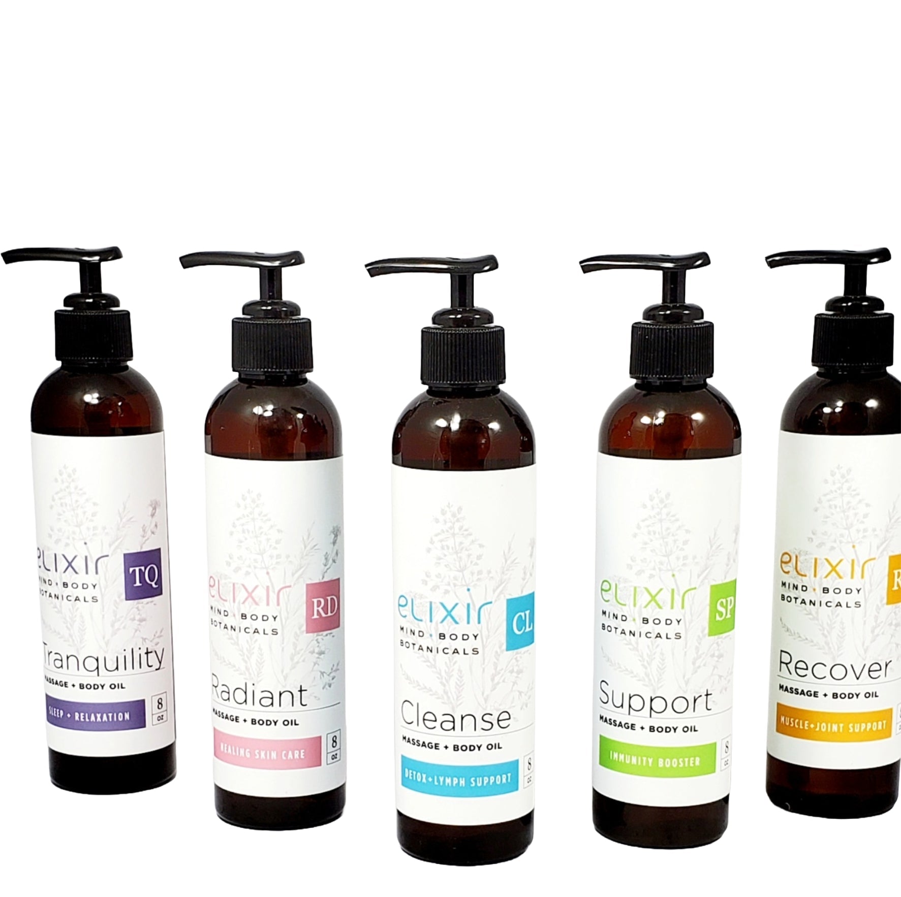 Five Bottles of each scent in the collection of Elixir Mind Body Botanicals Massage + Body Oils - Elixir Mind Body Boutique.