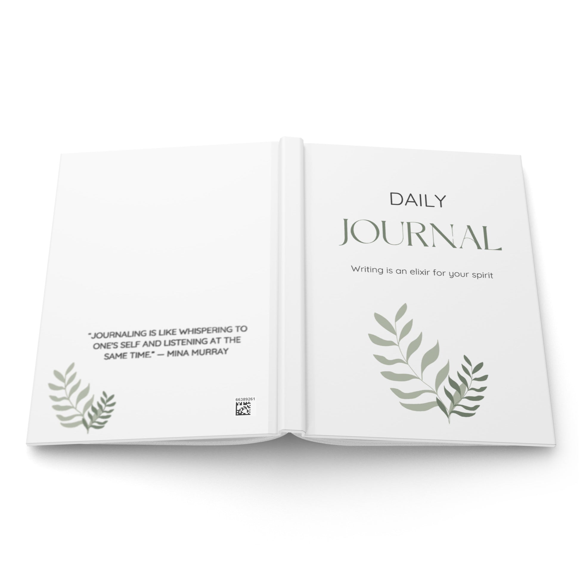 Hardcover journal laid open so you can see the front and back
