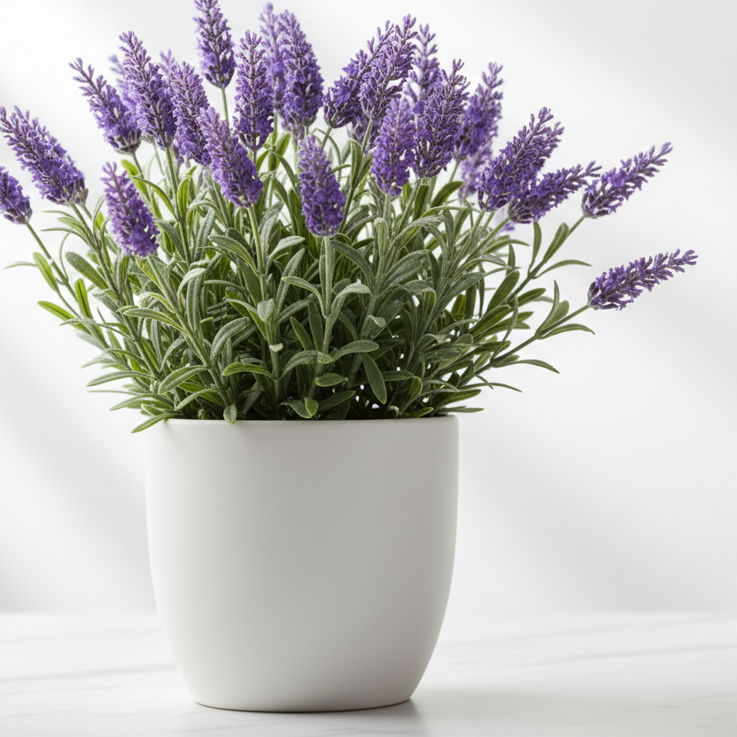 A potted lavender plant with purple flowers and green leaves in a white ceramic pot, set on a light surface.