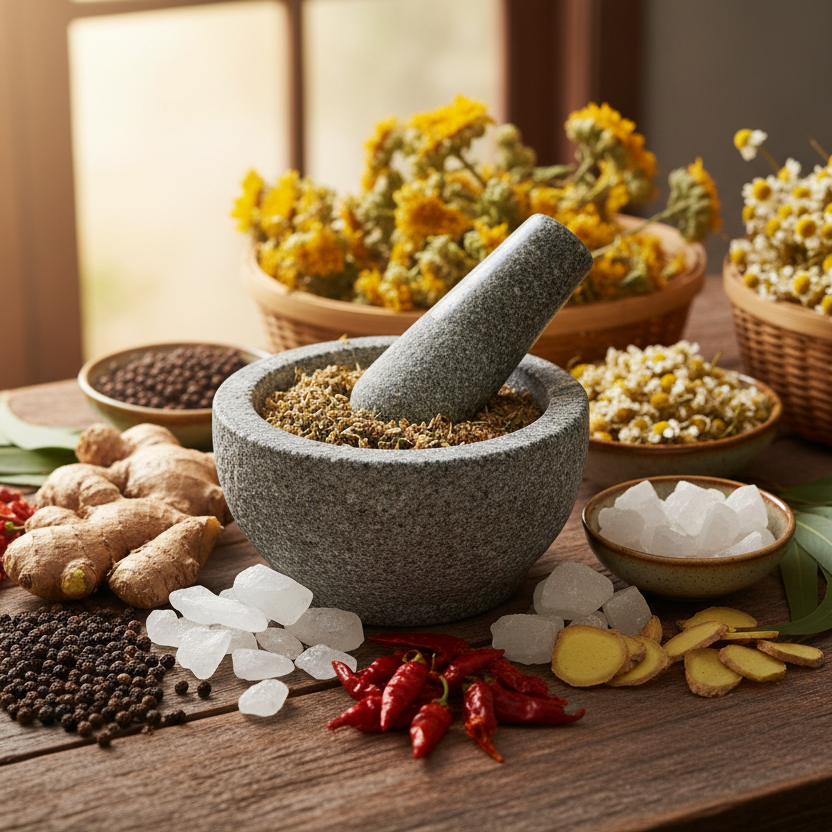menthol-arnica-black-pepper-chamomile in a basket-ginger-camphor-capsicum-and-eucalyptus-on-a-wooden-counter-with-a-bowl-and-pestle next to a sunny window