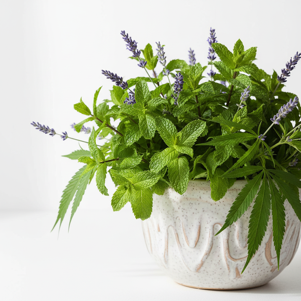 A potted herb garden featuring fresh green mint and lavender plants with purple flower spikes, arranged in a textured white ceramic pot against a clean white background.