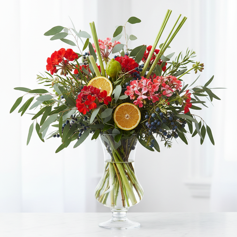 A vibrant floral arrangement in a clear glass vase, featuring red flowers, pink blossoms, green foliage, and orange slices, set on a white marble surface against a soft white curtain background.