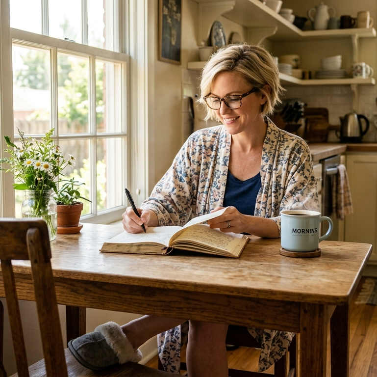 A woman in glasses and a flannel robe and slippers is sitting at her kitchen table in the morning journaling 