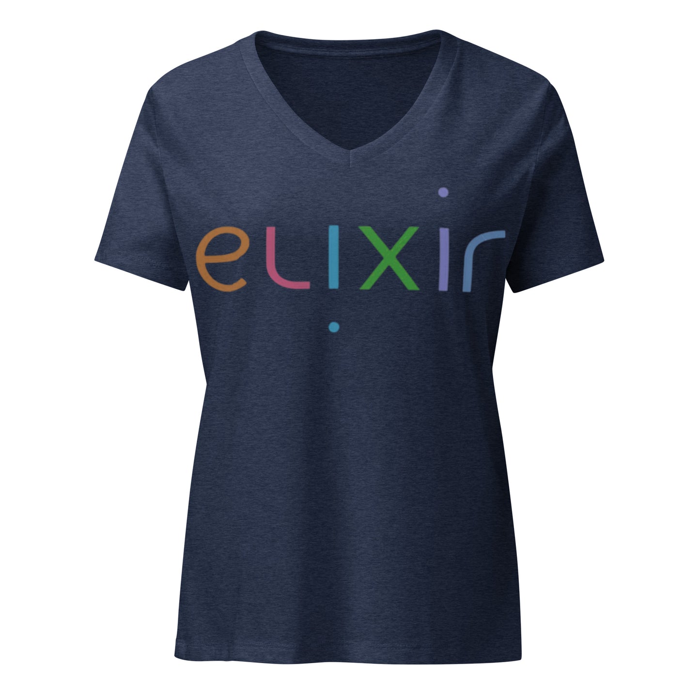 Product mockup of a woman's vneck T-shirt with a rainbow eleixir logo