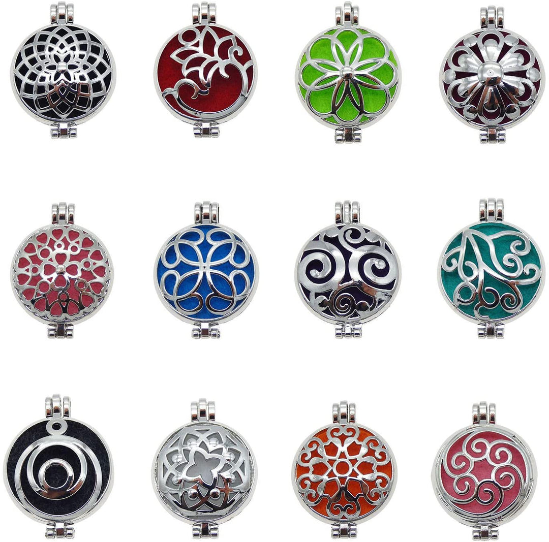 A collection of 3 rows of 4 silver oil diffuser lockets with colorful patterns, displayed on a white background.
