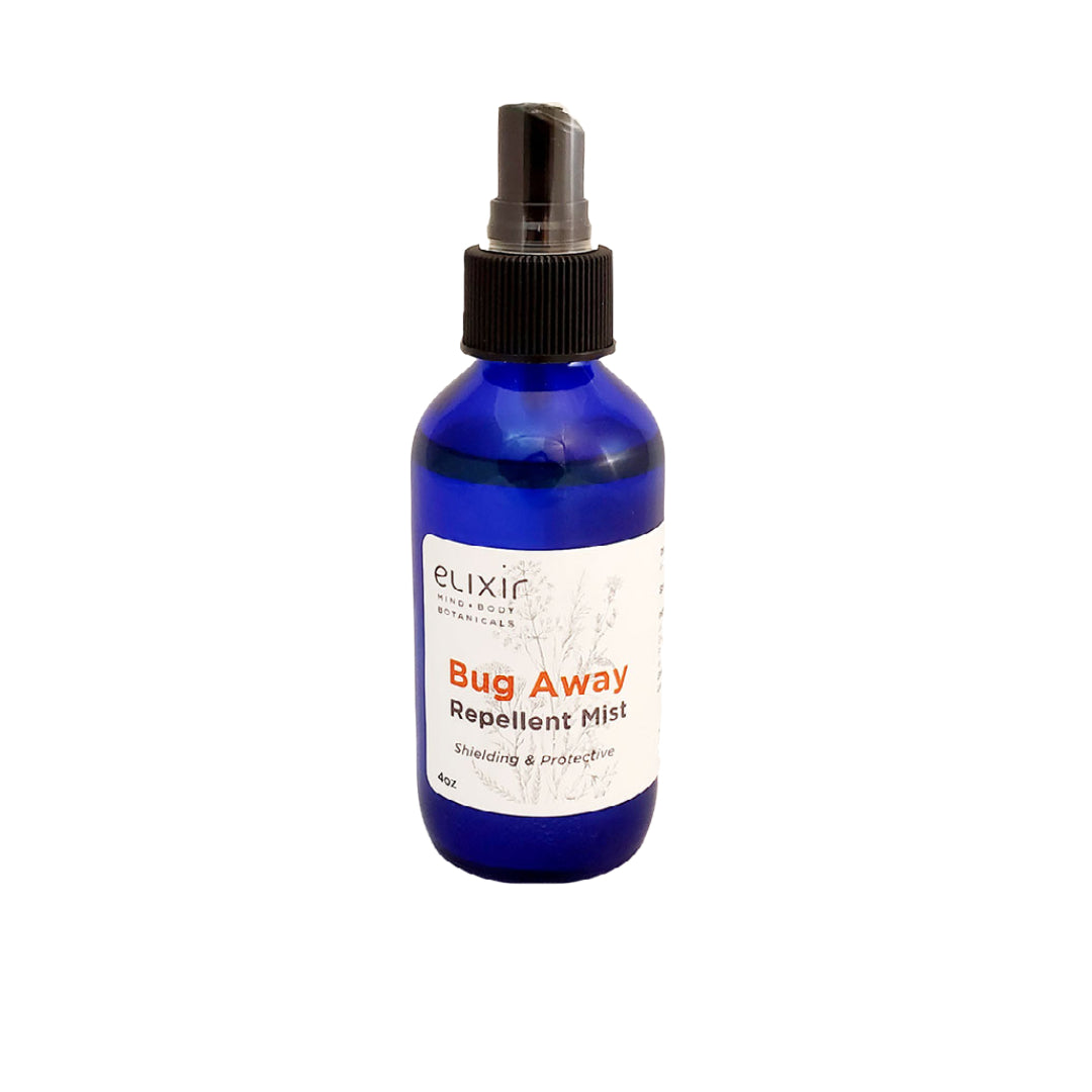 A blue spray bottle labeled 'Elixir Mind Body Botanicals Bug Away Repellent Mist' with white and orange text on a white background
