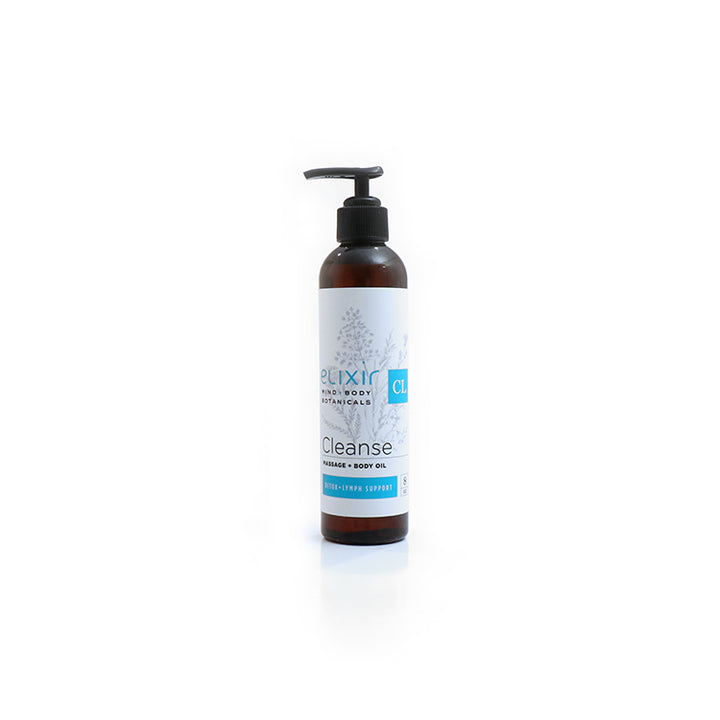 A pump bottle of Elixir Mind Body Botanicals Cleanse blend Massage and Body Oil on a white background