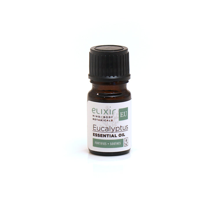 A small bottle of Elixir Mind Body Botanicals Eucalyptus Essential Oil on a white background