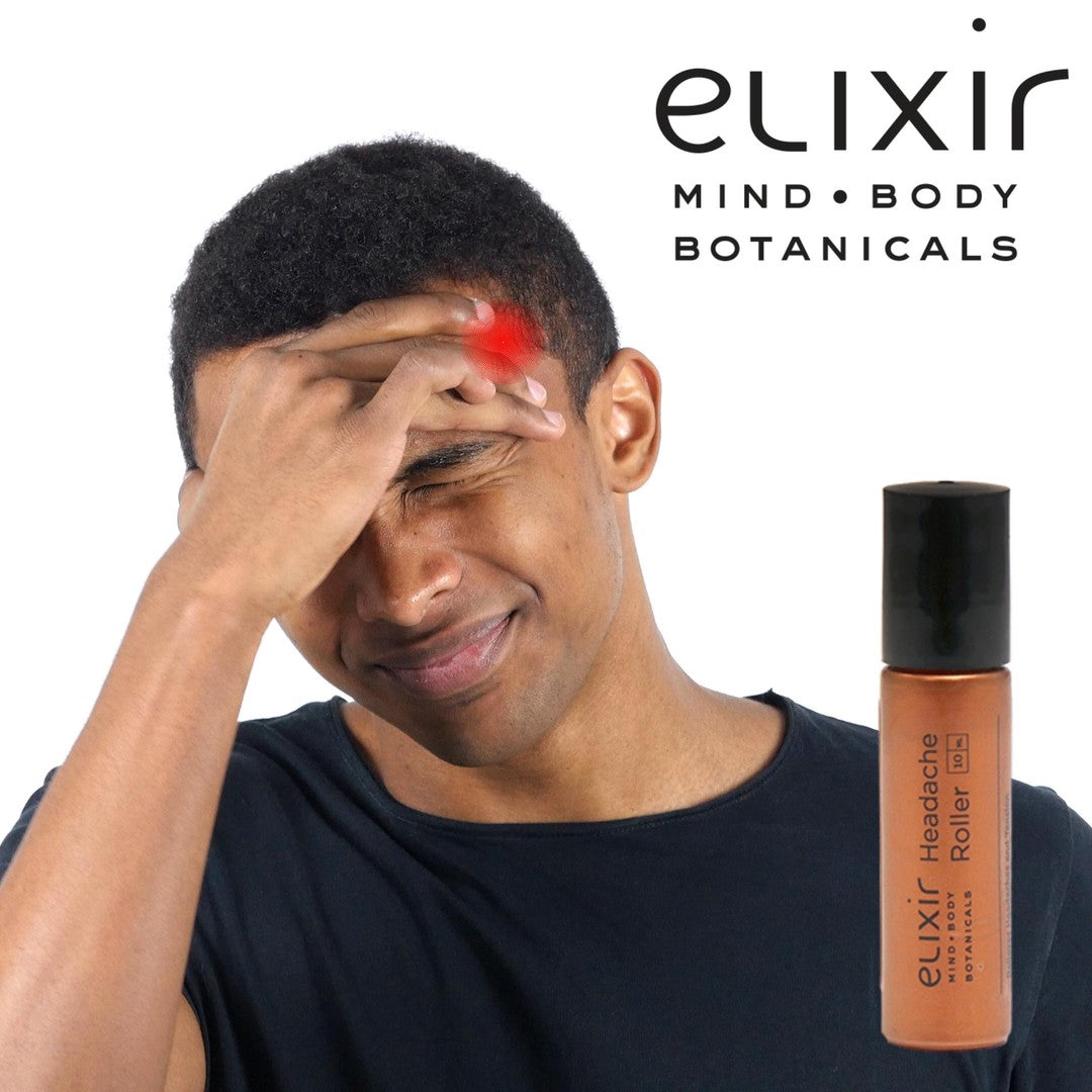 Elixir Mind Body Botanicals Headache Roller Ad showing a young man with obvious headache pain with a floating photo of the Roller in the bottom right corner