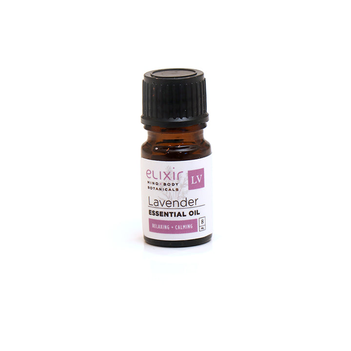 A small bottle of Elixir Mind Body Botanicals Lavender Essential Oil on a white background