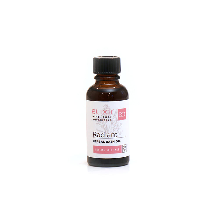 A 30 ml bottle of Elixir Mind Body Botanicals Radiant Herbal Bath Oil on a white background