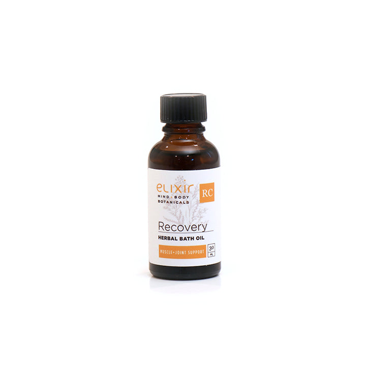 A 30 ml bottle of Elixir Mind Body Botanicals Recovery Herbal Bath Oil on a white background