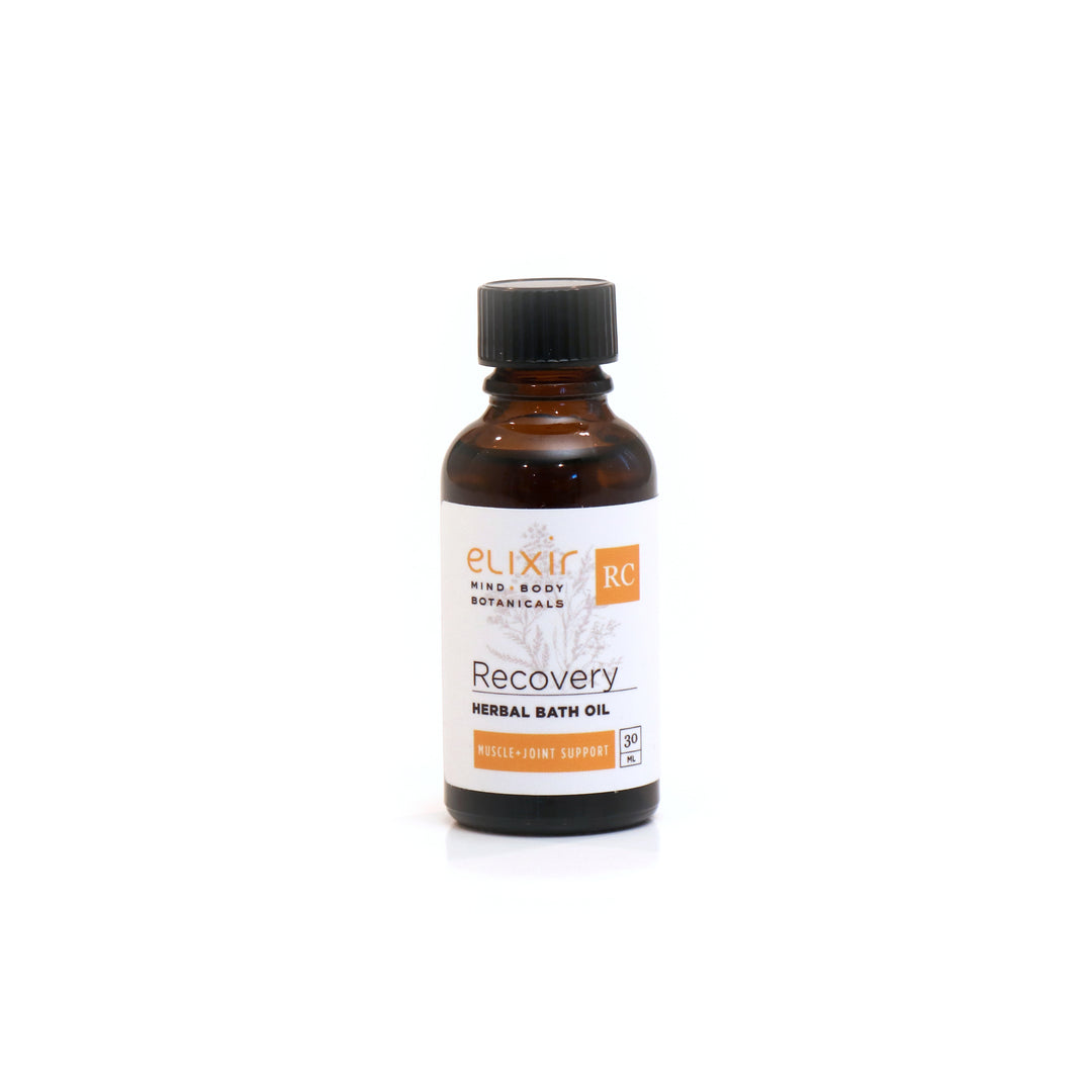 A 30 ml glass bottle of Elixir Mind Body Botanicals Recovery Herbal Bath Oil on a white background