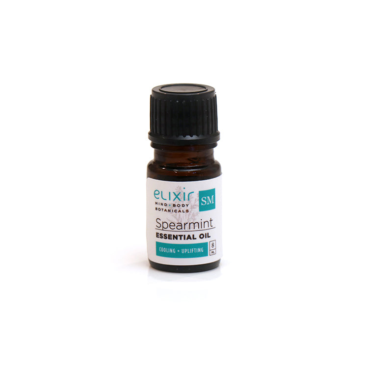 A small bottle of Elixir Mind Body Botanicals Spearmint Essential Oil on a white background