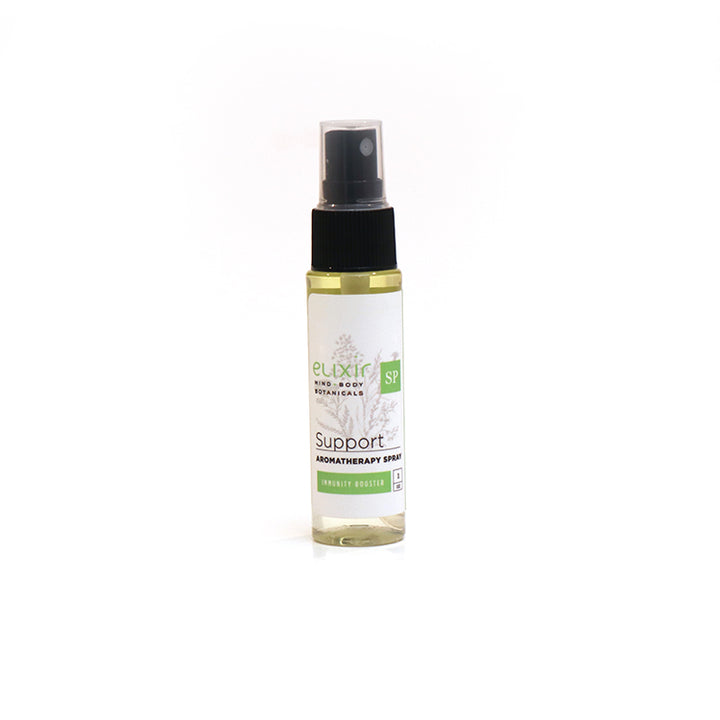 A spray bottle of Elixir Mind Body Botanicals Support Aromatherapy Spray on a white background