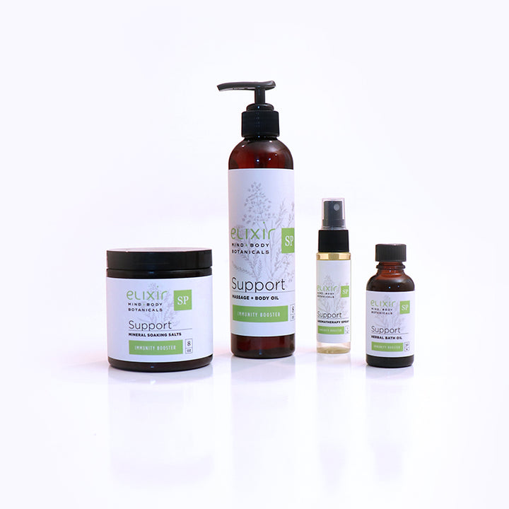 Elixir Mind Body Botanicals Support gift set, including a jar of mineral soaking salts, a bottle of aromatherapy spray, a pump bottle of massage and body oil, and a bottle of herbal bath oil on a white background