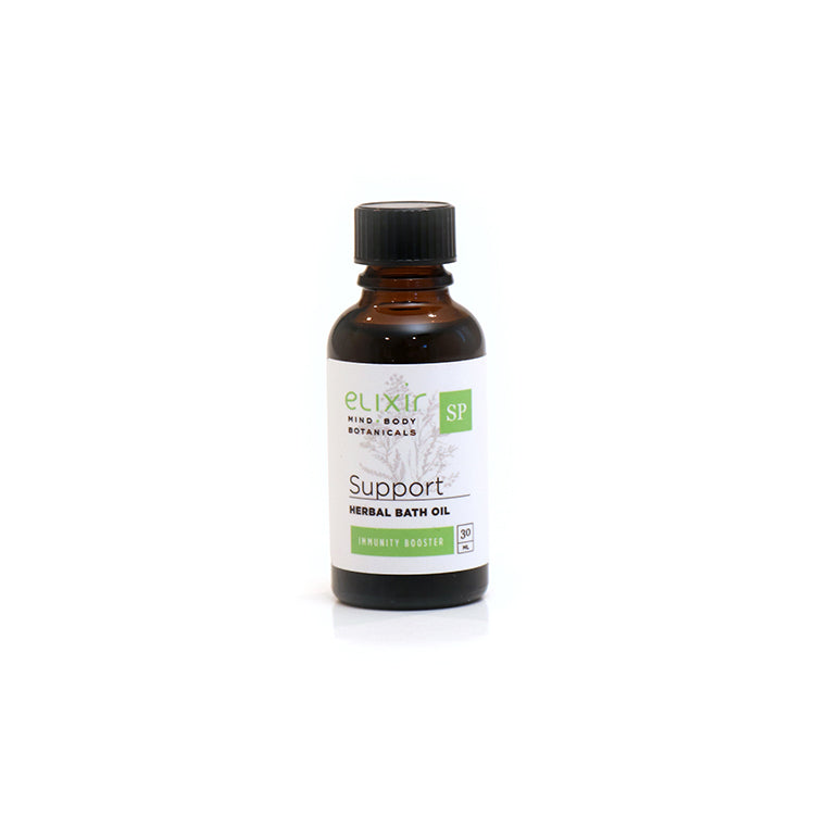 A 30 ml bottle of Elixir Mind Body Botanicals Support Herbal Bath Oil on a white background 
