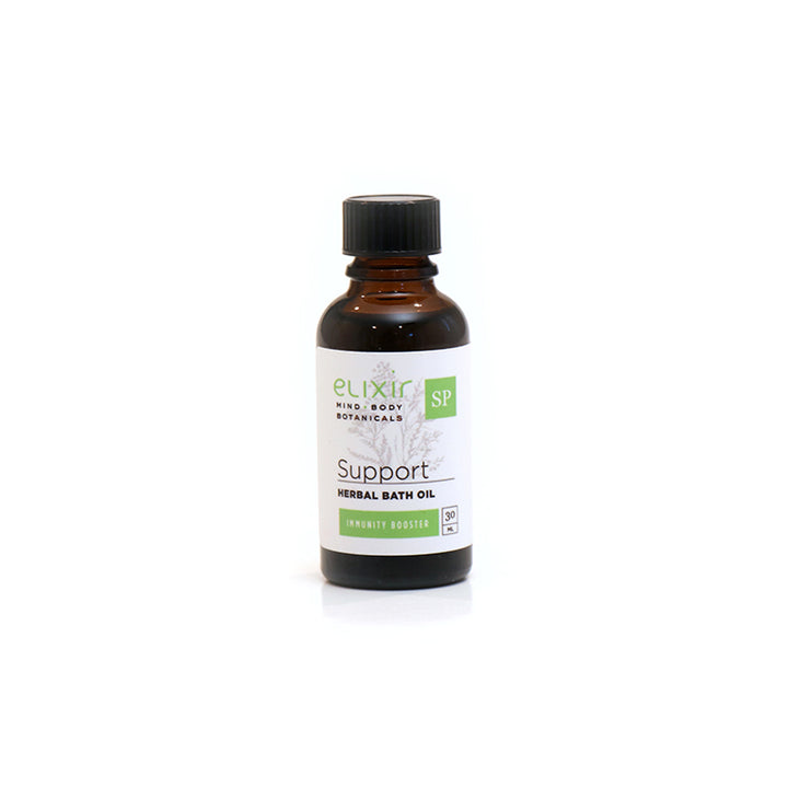 A 30 ml bottle of Elixir Mind Body Botanicals Support Herbal Bath Oil on a white background 
