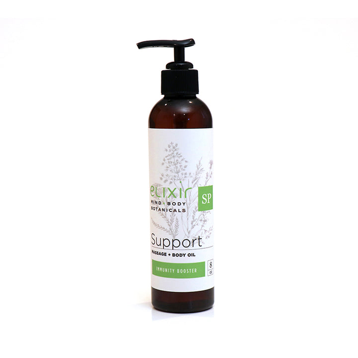 An 8-oz pump bottle of Elixir Mind Body Botanicals Support Massage and Body Oil on a white background