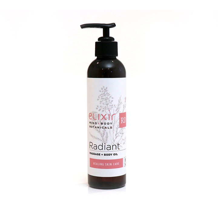 A pump bottle of Elixir Mind Body Botanicals Radiant blend Massage and Body Oil on a white background